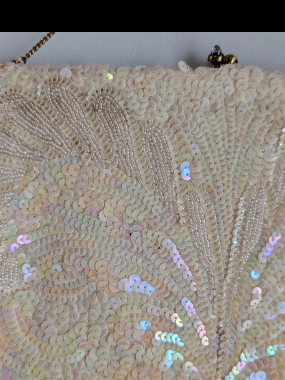 VTG 60s Josef Beaded Sequin Clutch Purse Cream Iridescent Hand Beaded In France